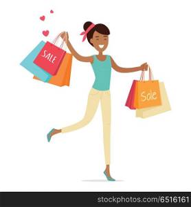 Sale in Woman&rsquo;s Clothing Shop Vector Concept. Sale in woman&rsquo;s clothing store. Smiling lady dancing with shopping paper bags in hands flat vector illustration on white background. Black friday. For seasonal sales and discounts, promotions design. Sale in Woman&rsquo;s Clothing Shop Vector Concept