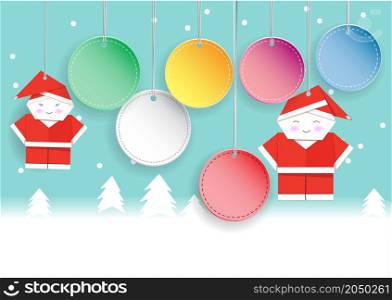 Sale label. Multicolored Christmas balls. The folded paper of Santa Claus. Special offer vector tag. New year holiday card template. Shop market poster design. Paper cut vector illustration.