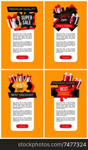 Sale labels and goods, exclusive offer vector web site template. Shop tags discounts and price reductions. Basket cart with presents and gift boxes. Sale Labels and Goods, Exclusive Offer Vector Site