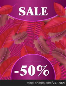 Sale lettering on red and purple background. Creative lettering on bright leaves. Illustration with lettering can be used for banner, posters and leaflets