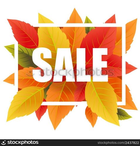 Sale lettering with colorful leaves. Creative inscription in white frame. Illustration with lettering can be used for banner, posters and leaflets