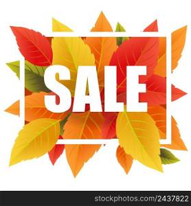 Sale lettering with colorful leaves. Creative inscription in white frame. Illustration with lettering can be used for banner, posters and leaflets