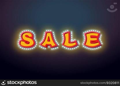 Sale light sign with lamps. discount letter Retro light bulb. Vintage banner Shiny lamps