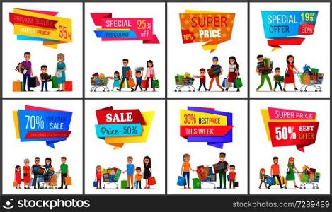 Sale low price special discount super choice card, vector illustrations of promotion banners, cheerful families, varied purchases, advertising text. Sale Low Price Special Discount Super Choice Card