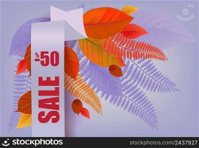 Sale, minus fifty percent lettering, orange and purple leaves. Seasonal offer or sale advertising design. Typed text, calligraphy. For leaflets, brochures, invitations, posters or banners.