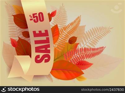Sale, minus fifty percent lettering, orange and yellow leaves. Seasonal offer or sale advertising design. Typed text, calligraphy. For leaflets, brochures, invitations, posters or banners.