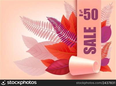 Sale, minus fifty percent lettering, purple and pink leaves. Seasonal offer or sale advertising design. Typed text, calligraphy. For leaflets, brochures, invitations, posters or banners.