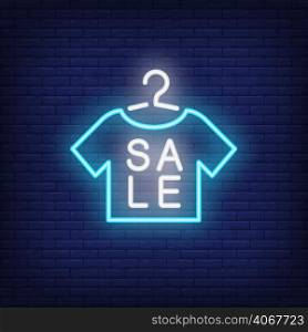 Sale neon sign with tshirt shape. Night bright advertisement. Vector illustration for retail, sale, promotion, advertising design