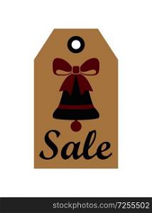Sale New Year badge representing bell decorated with big red bow placed on it, letterings below image, vector illustration isolated on white. Sale New Year Badge and Bell Vector Illustration