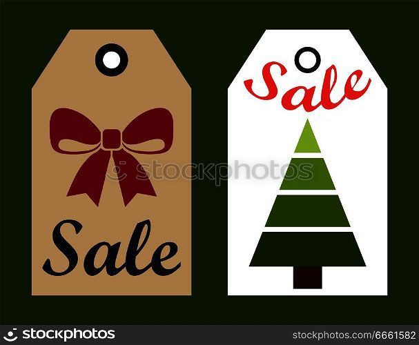 Sale New Year labels set with hole to hang on, Christmas tree without decoration and red ribbon isolated on vector illustration in flat style. Sale New Year Labels Set with Hole to Hang on Icons