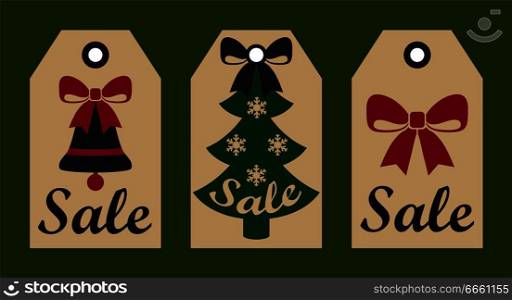 Sale New Year set of labels representing images of bell with ribbon, tree with snowflakes and red bow with letterings on vector illustration. Sale New Year Set of Labels on Vector Illustration