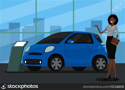 Sale of a new blue car,cartoon african american woman seller at the car showroom shows the vehicle ,flat vector illustration. cartoon african american woman seller at the car showroom shows