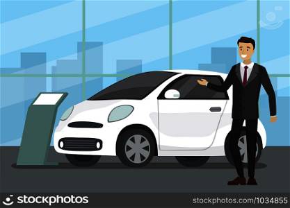 Sale of a new car,cartoon seller at the car showroom shows the vehicle ,flat vector illustration. sale of a new car,seller at the car showroom shows the vehicle