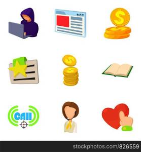 Sale of data icons set. Cartoon set of 9 sale of data vector icons for web isolated on white background. Sale of data icons set, cartoon style
