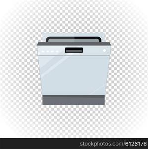 Sale of household appliances dishwasher machine. Electronic device dishwasher machine. Sale badge label logo. Home appliances flat style. Dishwasher machine, dish, washing dishes, dishwasher isolated