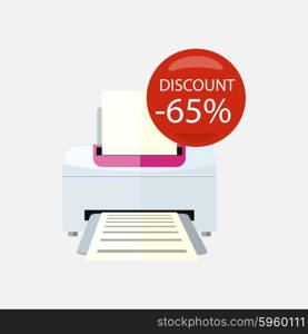 Sale of household appliances. Electronic device red bubble discount percentage. Sale badge label. Office appliances flat style. Printing, printer icon, printing press, office printer, computer, copier