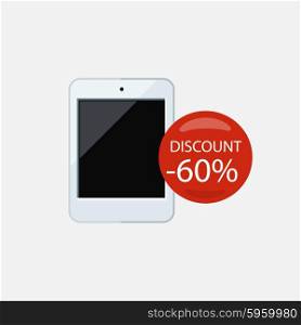Sale of household appliances. Electronic device with red bubble discount percentage. Sale badge label flat style. Book, ereader, ebook icon, ebook reader, kindle, tablet, ebook cover, library