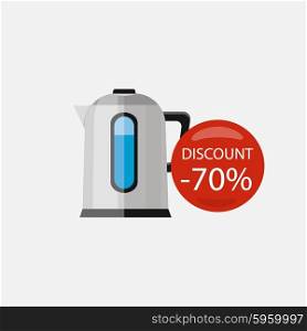 Sale of household appliances. Electronic device with red bubble discount percentage. Sale badge label. Home appliances in flat style. Water kettle, electrical appliances, silver kettle, water boiler