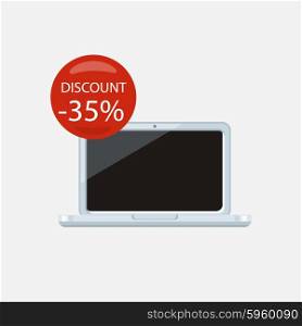 Sale of household appliances. Electronic device with red bubble discount percentage. Sale badge label. Home appliances in flat style. Computer, laptop isolated, notebook, laptop icon, laptop screen