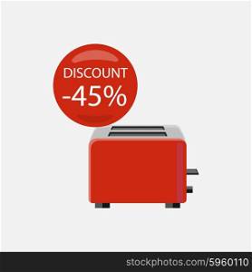 Sale of household appliances. Electronic device with red bubble discount percentage. Sale badge label. Home appliances in flat style. Toast, kettle, toast bread, toaster oven, toaster isolated