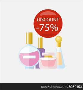 Sale of household appliances. Red bubble discount percentage. Sale badge label. Group parfume bottle flat style. Perfume, parfume bottle, cosmetics, woman parfume, fragrance, man parfume, smell