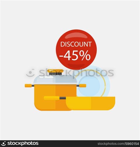 Sale of household appliances with red bubble discount percentage. Sale badge label. Home appliances in flat style. Plate, dishes set, dirty dishes, bowl, kitchen
