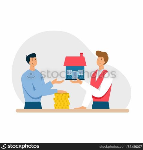 Sale of real estate. Man buys house. Mortgage loan. Vector illustration in flat style.