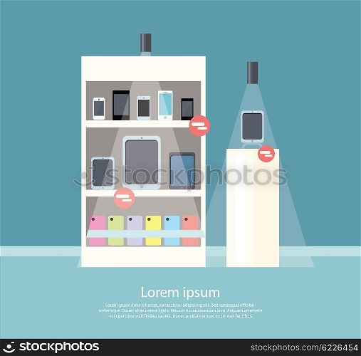 Sale of smartphone design flat store. Sale phone mobile, digital display smarphone device, technology buy, consumerism and store of smartphone, screen electronic gadget vector illustration
