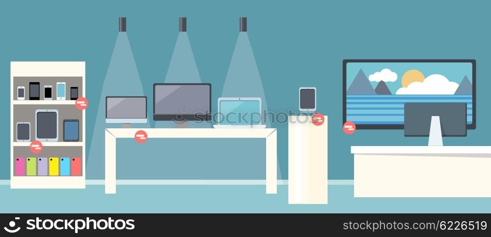 Sale of smartphone design flat store. Sale phone mobile, digital display smarphone device, technology buy, consumerism and store of computer, laptop, screen electronic gadget vector illustration