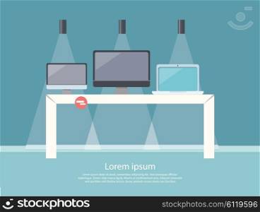 Sale of technology design flat store. Screen sale, monitor digital sale, display shopping sale, device technology sale, consumerism sell, electronic sale, retail marketing business illustration
