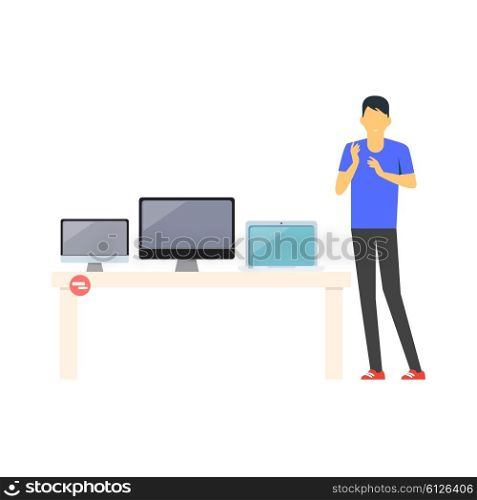 Sale of technology design flat store. Screen sale, monitor digital sale, display shopping sale, device technology sale, consumerism sell, electronic sale, retail marketing business illustration