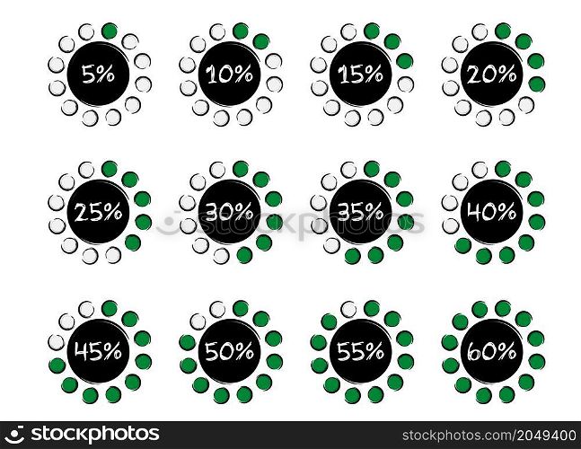 Sale off symbol. Cartoon, timer icons set, twelve timer indicators showing from 5 minutes to 60 %, Flat vector icon or pictogram. Countdown timer interval. Load, loading discount sign.