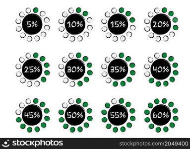 Sale off symbol. Cartoon, timer icons set, twelve timer indicators showing from 5 minutes to 60 %, Flat vector icon or pictogram. Countdown timer interval. Load, loading discount sign.