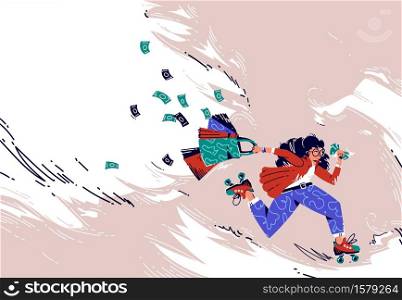 Sale offer banner with running girl on rolling skates with shopping bags and flying money bills. Special offer for retail store with hurry shopaholic woman run for purchase, Vector line art ad poster. Sale offer banner with run girl on rolling skates