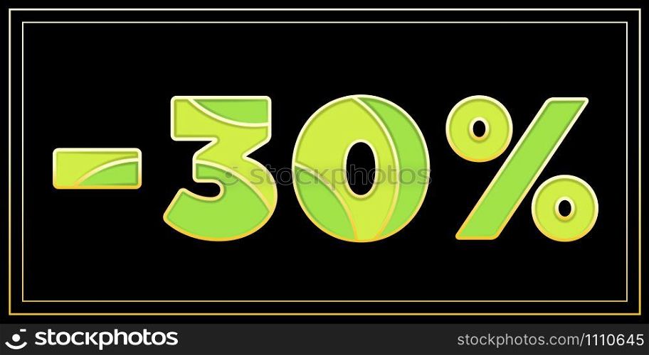 Sale offer with 30 percent sign. Enamel mosaic art isolated vector symbols in different bright colors on black background. Useful for promo fashion event, discount label or slogan.. Stylish enamel mosaic 30 percent banner