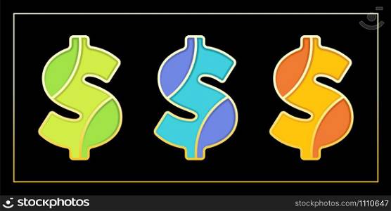 Sale offer with big dollar signs. Enamel mosaic art isolated vector symbols in different bright colors on black background. Useful for promo fashion event, discount label or slogan.. Stylish enamel mosaic dollar sign banner