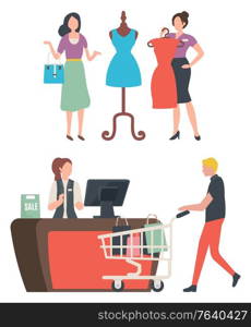 Sale old collection, man with packages in truck, shopper buying clothes. Buyer standing near cashbox, woman choosing dress, promotion and discount vector. Black friday sale. Buying and Choosing Clothes, Fashion Store Vector