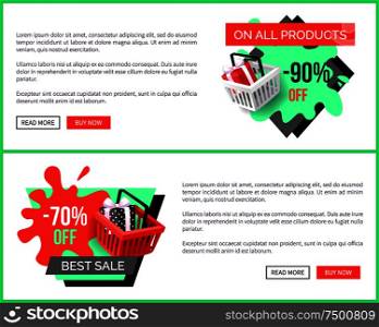 Sale on all products, 90 percent reduction, shop discounts vector landing page sample. Shopping basket with present box. Special prices sale and offers. Sale on All Products, 90 Percent Shop Discounts