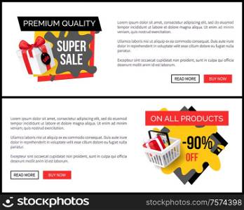 Sale on all products, 90 percent reduction, shop discounts vector landing page sample. Shopping basket with present box. Special prices sale and offers. Sale on All Products, 90 Percent Shop Discounts