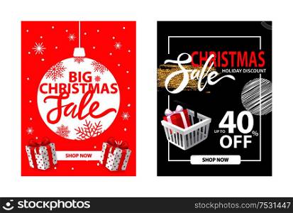 Sale on Christmas holiday, leaflet with info about discounts up to 40 percent off, shop now button. Shopping cart with gift, frame, dots and splashes. Sale on Christmas Holiday, Leaflet Discounts Info
