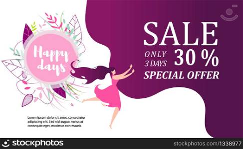 Sale Only Three Days, Special Offer Advertisement. Girl Charcater Running to Shop or Store Flat Cartoon Banner Vector Illustration. Happy Days with Discounts Ad. Woman Goes Shopping.