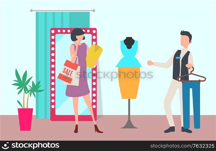 Sale or discount, shop or boutique interior, shopping and customer. Woman with bags and dummy, shop assistant and mirror, clothes price reduction. Vector illustration in flat cartoon style. Shop or Boutique Interior, Shopping and Customer