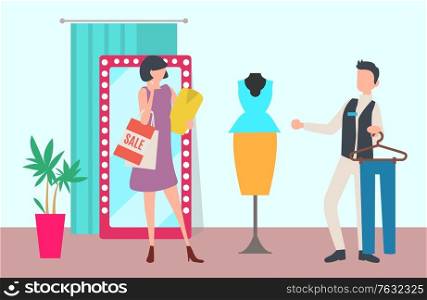 Sale or discount, shop or boutique interior, shopping and customer. Woman with bags and dummy, shop assistant and mirror, clothes price reduction. Vector illustration in flat cartoon style. Shop or Boutique Interior, Shopping and Customer