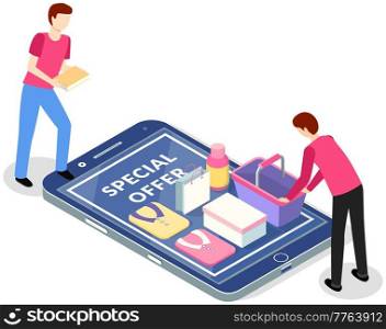 Sale outlet isometric composition with gadget and packages vector illustration. Special offer of goods from online store. Online shopping via smartphone app. Men fold clothes and packaging of goods. Special offer of purchases from online store. Men are doing online shopping via smartphone app