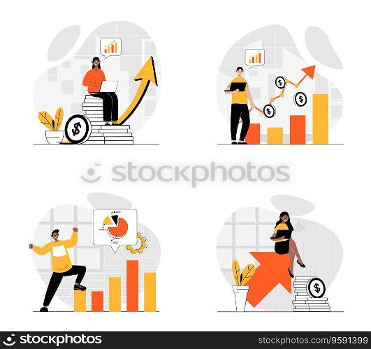 Sale performance concept with character set. Collection of scenes people analyze financial statistics graph, increase purchases number, earning more profit. Vector illustrations in flat web design