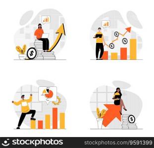Sale performance concept with character set. Collection of scenes people analyze financial statistics graph, increase purchases number, earning more profit. Vector illustrations in flat web design