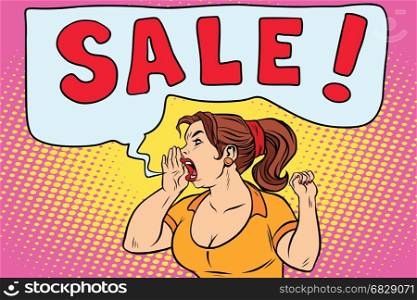 sale pop art woman screaming. Comic cartoon style illustration. sale pop art woman screaming
