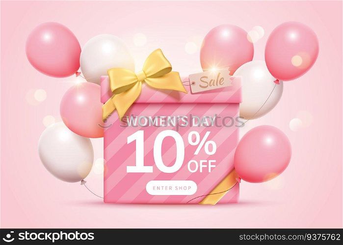 Sale pop up ads for for Women’s Day, decorated by a large gift box with golden ribbon bow and flying balloons on cherry blossom pink background. Pop up ads for Women’s Day Sale