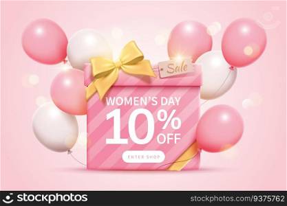 Sale pop up ads for for Women’s Day, decorated by a large gift box with golden ribbon bow and flying balloons on cherry blossom pink background. Pop up ads for Women’s Day Sale