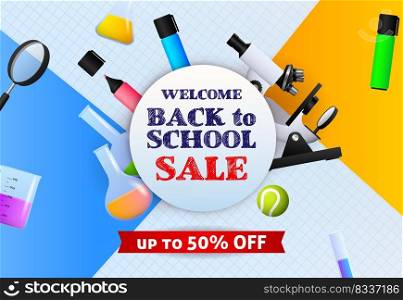 Sale poster design with marker pens, microscope, chemical flasks and copybooks. Back to school sale flyer design with school supplies. Vector illustration can be used for banners, ads, signs